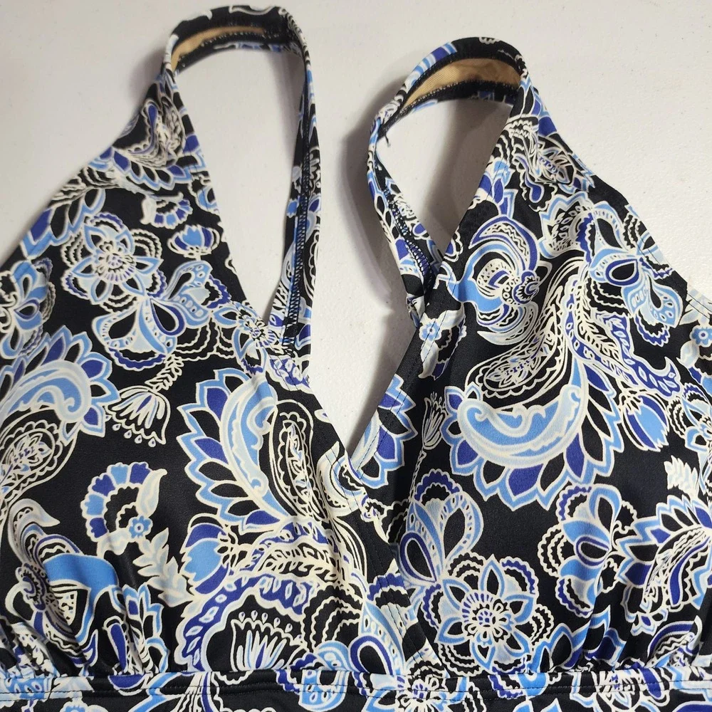 LL Bean Blue Paisley Tankini Swim Top UPF 50+‎ Size 14 pad bra adjustable straps